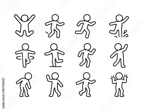 Playful Line Icons. Playful actions. Line icon set of Playful actions: jumping, skipping, running, splashing, spinning, balancing, hopping, reaching, leaning,