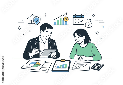 Financial Planning Session. Financial planning. Advisor and client reviewing charts and documents at a table, calm and focused discussion with tablets and