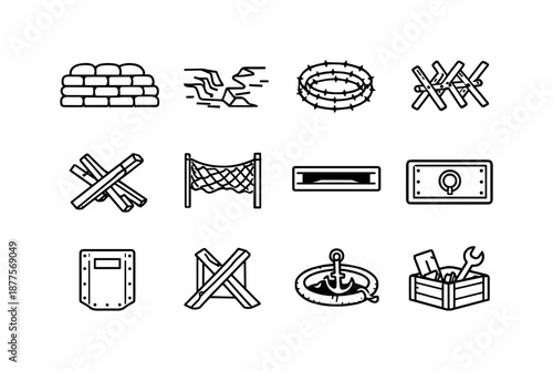 Field Fortification Icons. Field fortifications. Line icon set of Field fortifications: sandbag wall, trench outline, barbed wire coil, wooden