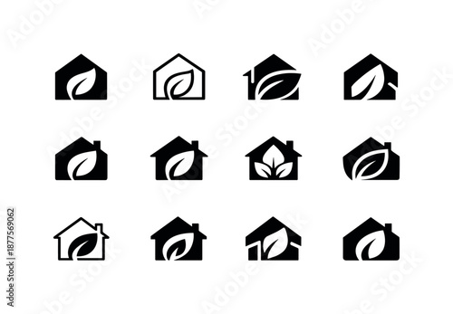 Smart Home Logos. Smart home integration in modern architecture. Icon set. Set Logo of Smart home integration in modern architecture: eco-smart energy leaf in