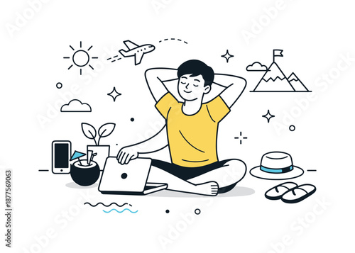 Digital Nomad Stretch. Digital nomad balance. Remote worker closing a laptop and stretching after work. Sense of freedom, flexibility, and healthy work-life