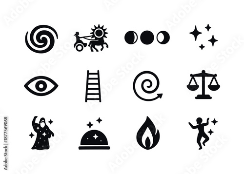 Cosmic Myths Icons. Cosmic myths. Solid icon set of cosmic myths: galaxy swirl, sun chariot, moon phases, starscape icon, divine eye, celestial ladder, time