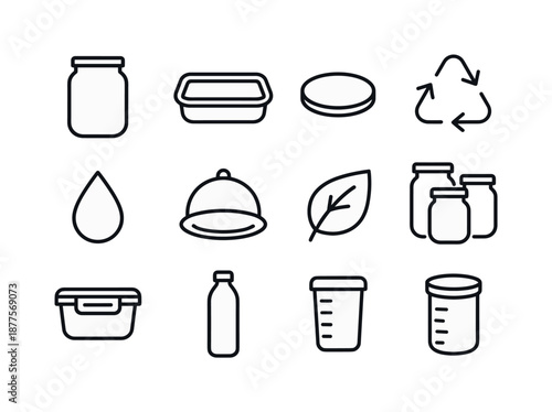 Reusable Container Icons. Reusable containers. Line icon set of Reusable containers: mason jar, glass container, lid, silicone seal, recycling symbol, water