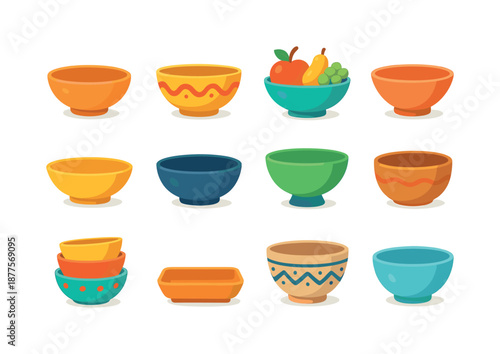 Colorful Decorative Bowls. Decorative Bowls Display. Colorful flat vector icons set of Decorative Bowls Display: ceramic bowl, patterned bowl, fruit bowl,