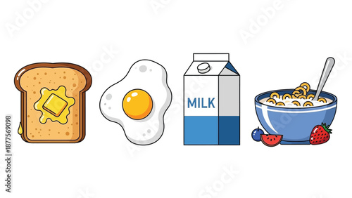 Delicious breakfast food items including toast, fried egg, milk, and bowl of cereal with fruits showcasing a healthy morning meal.