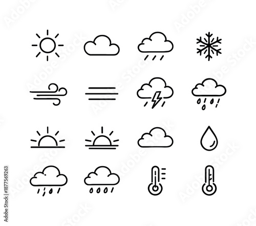 Valley Weather Icons. Valley weather. Line icon set of Valley weather: sun, cloud, rain, snowflake, wind swirl, fog line, storm cloud, drizzle drops, sunrise,
