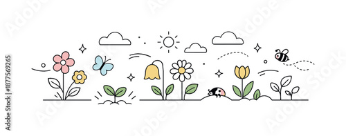 Springtime Serenity. Seasonal Banner Flat Design ? Spring Mood. Gentle spring elements like flowers, sprouts, and light clouds flowing across a horizontal