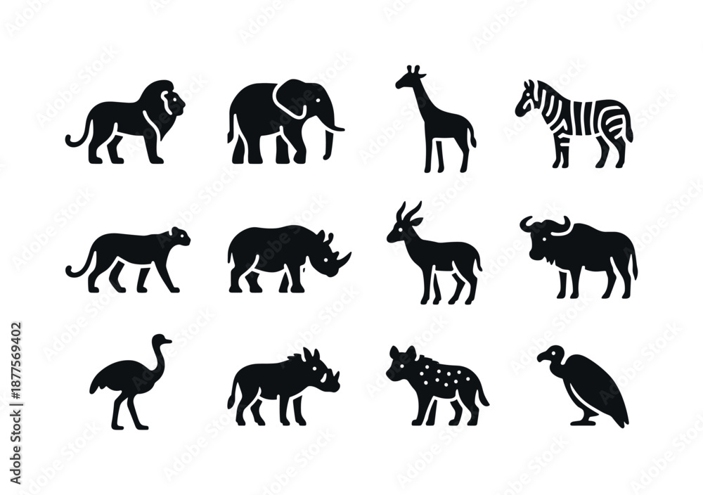 Fototapeta premium Savanna Animal Icons. Savanna Animals. Solid icon set of Savanna Animals: lion, elephant, giraffe, zebra, cheetah, rhinoceros, antelope, wildebeest, ostrich,