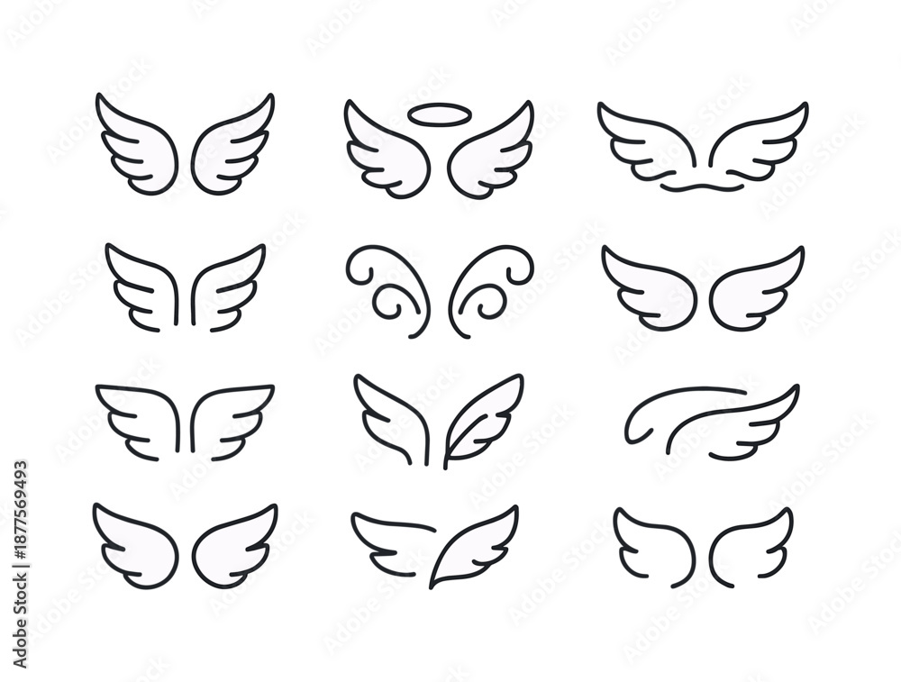 Fototapeta premium Angel Wing Icons. Angel wings. Line icon set of angel wings: double wing crest, halo floated, wing ripple, feather motif, airy swirl pair, divine accent curve,