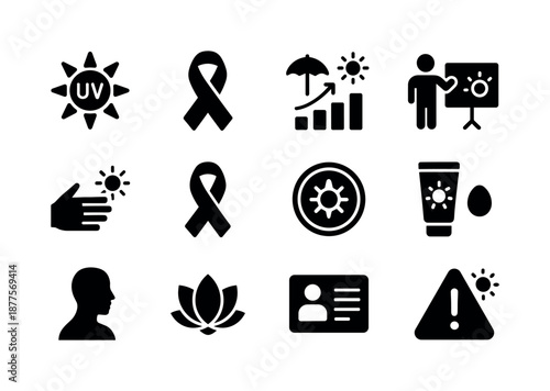Sunscreen Awareness Icons. Sunscreen awareness. Solid icon set of sunscreen awareness: UV rays icon, skin cancer ribbon, protection chart, educational sign,