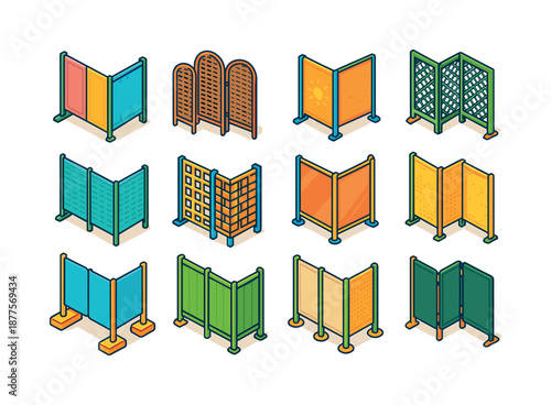 Outdoor Folding Screens. Outdoor folding screens. Colorful isometric vector icons set of outdoor folding screens: patio privacy panel, rattan