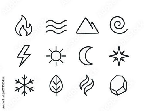 Elemental Runes Icon Set. Runes and symbols. Line icon set of elemental signs: fire rune, water wave, earth mountain, air swirl, lightning rune, sun symbol,