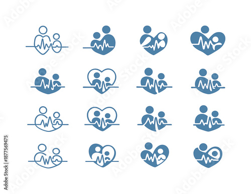 Parent-Child Connection Logos. Parent-child connection. Icon set. Set Logo of parent-child connection: shared heartbeat line. harmonious logo variations of the