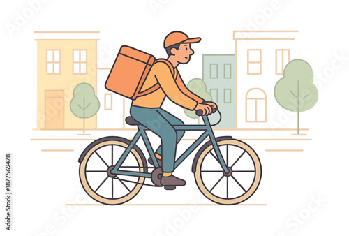 Urban Bicycle Courier. Delivery. Courier riding a bicycle through a quiet city street, carrying a delivery bag. A calm everyday moment of urban logistics and