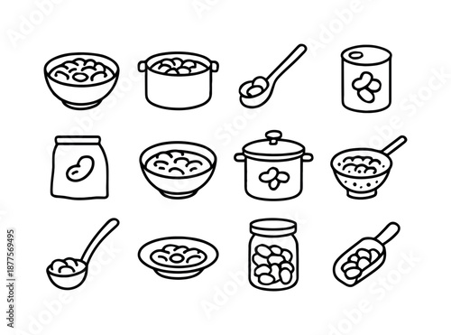 Cooked Beans Icons. Cooked Beans. Line icon set of Cooked Beans: bowl of beans, pot of beans, spoon with beans, canned beans, bean bag, bean stew, pressure