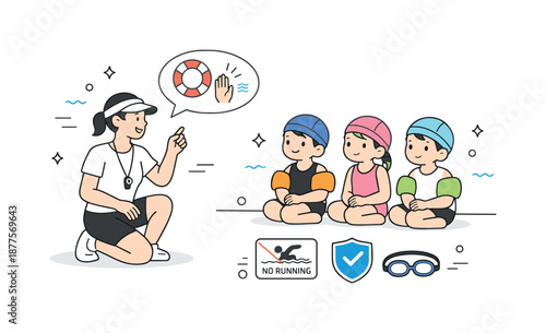 Swim Lesson Safety. Kids learning to swim safety. Children wearing swim caps or floaties while listening to simple instructions, calm attentive posture.