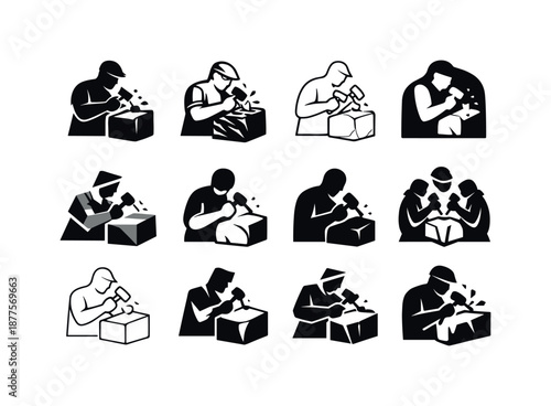 Sculptor Icon Variations. Sculptors shaping their creations. Icon set. Set Logo of Sculptors shaping their creations: hand carving stone block. harmonious logo