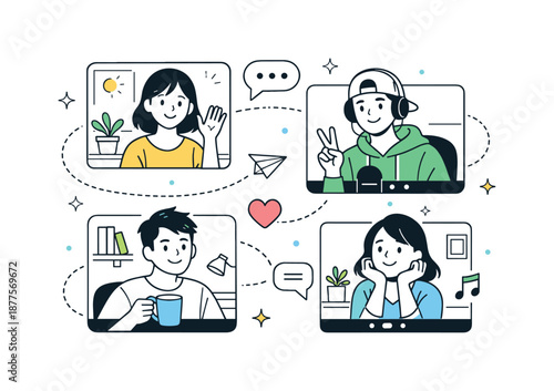 Virtual Friendship Connection. Video call with friends long distance. Friends connecting from different places through multiple screens. Feeling of closeness