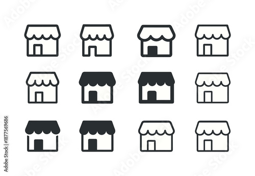 Diverse Store Logos. Store. Icon set. Set Logo of store: store signboard. harmonious logo variations of the same emblematic concept, each with different