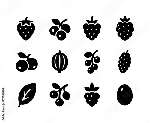 Berry Icons Collection. Berries. Solid icon set of berries: strawberry, blueberry cluster, raspberry, blackberry, cranberry, gooseberry, currant cluster,