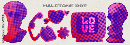 Y2K  Elements with Heart, Telephone, Abstract Statue Head in Color Halftone Dot