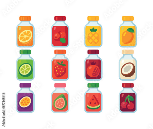 Fruity Mixers Icons. Fruity mixers. Colorful flat vector icons set of fruity mixers: orange juice, cranberry juice, pineapple juice, mango nectar, limeade,