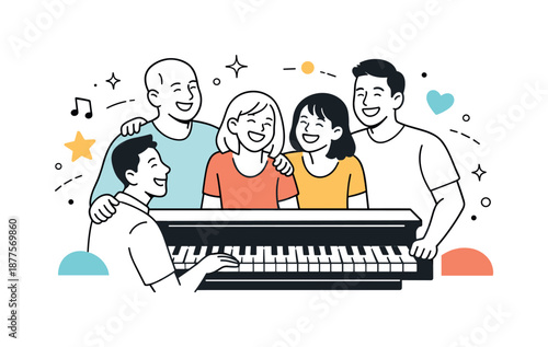 Joyful Piano Gathering. Singing around the piano memory. Group smiling at the end of the song, sense of warmth and shared emotion with abstract decorative