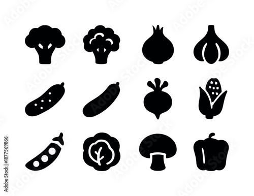 Vegetable Icon Set. Vegetables. Solid icon set of Vegetables: broccoli, cauliflower, onion, garlic, cucumber, zucchini, beet, corn, pea pod, lettuce head,