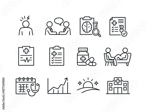 Medical Treatment Timeline Icons. Timeline of Medical Treatment. Line icon set of Timeline of Medical Treatment: symptom onset icon, initial consultation,