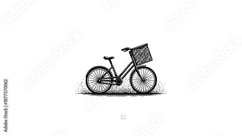 A black and white illustration of a bicycle with a basket on the handlebars