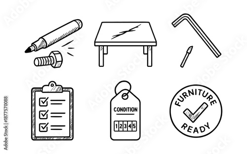 Hand drawn repair tools and icons for furniture restoration and condition assessment