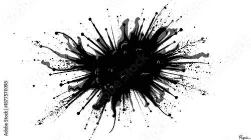 A dynamic black ink splatter with radial streaks on a stark white background, creating an explosive abstract pattern.