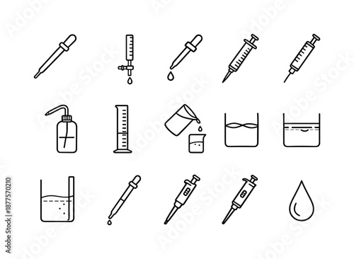 Liquid Handling Icons. Liquid Handling. Line icon set of Liquid Handling: pipette, burette, dropper, syringe, wash bottle, measuring cylinder, pour line,