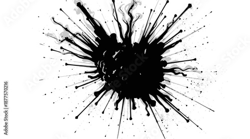 Dynamic black ink splash on a pristine white background, radiating outwards with intricate patterns and droplets.