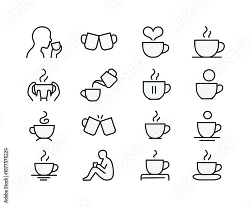 Warm Beverage Icons. Warm beverage moments. Line icon set of Warm beverage moments: sipping silhouette, shared mugs, steam heart, cup on table, cozy hands,