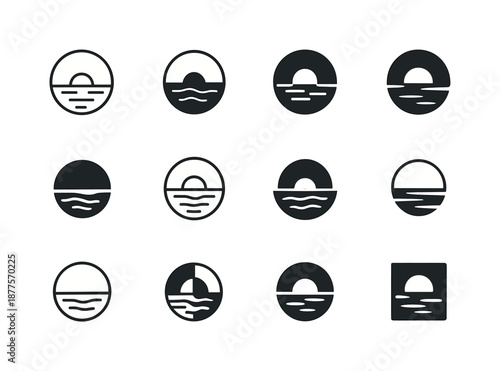 Lakeside Logo Variations. Lakeside. Icon set. Set Logo of Lakeside: calm lake horizon line. harmonious logo variations of the same emblematic concept, each