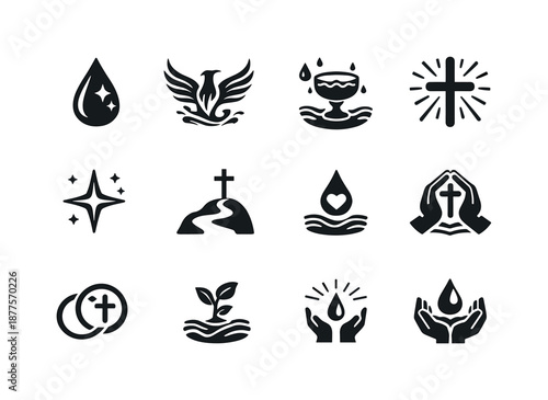 Baptism Icon Set. Baptism themes. Solid icon set of baptism themes: purity symbol, rebirth icon, water of life, spiritual light, guidance star, faith path,