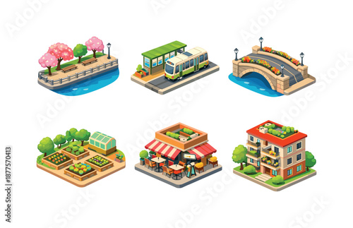 Spring Isometric Cityscape. Isometric City in Spring. Isometric flat vector icons set of Isometric City in Spring: river embankment with trees, spring tram