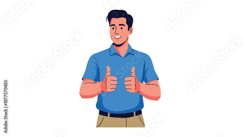 Man giving thumbs up gesture with a positive expression and a blue shirt