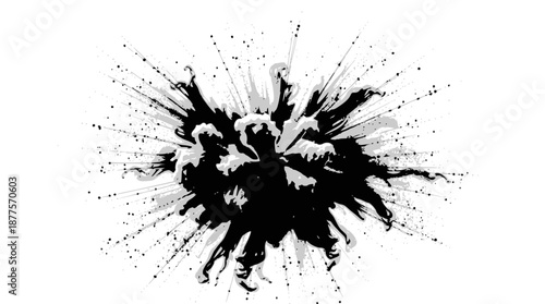 A dynamic black ink splatter with radial streaks and smaller droplets on a clean white background, creating an abstract visual.