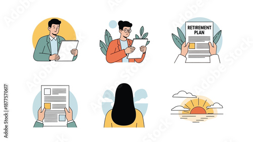 Planning for retirement with documents and paperwork being reviewed by professionals and individuals