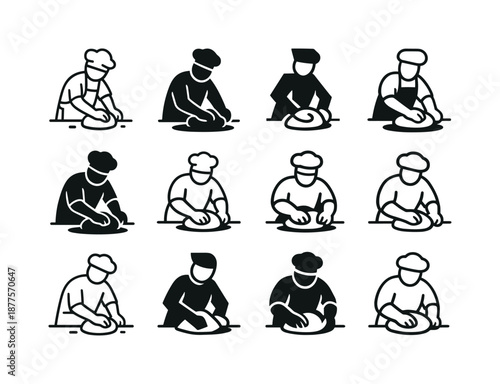 Baker Logos Collection. A baker kneading dough by hand on a flour-covered surface. Icon set. Set Logo of a baker kneading dough by hand on a flour-covered