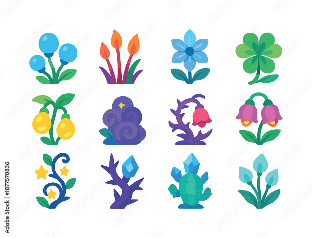 Obraz premium Magical Plant Icons. Magical plants. Colorful flat vector icons set of magical plants: mana bulbs, ember reeds, frost petals, arcane clovers, glowing sap pods,