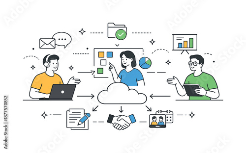 Cloud Collaboration Essentials. Digital-first collaboration. Team connected through cloud symbols, shared documents, and virtual boards. Open, efficient