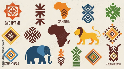 African Tribal Patterns and Symbols with Elephant Lion on Beige Background