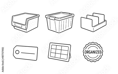 Minimalist organization icons set: storage bins, tags, and labels
