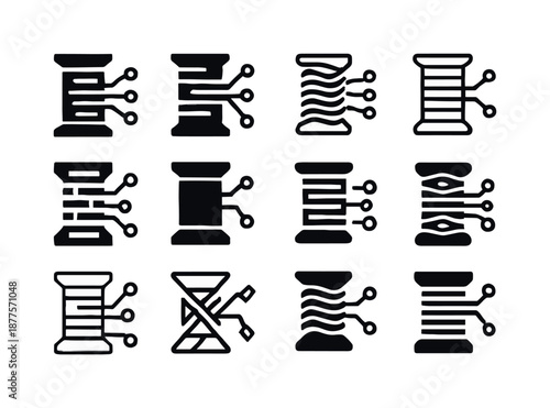 Smart Textiles Icon Set. Smart textiles. Icon set. Set Logo of smart textiles: conductive thread spool. harmonious logo variations of the same emblematic