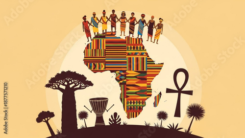 Diverse People Standing on Colorful Africa Map with Ankh and Tree