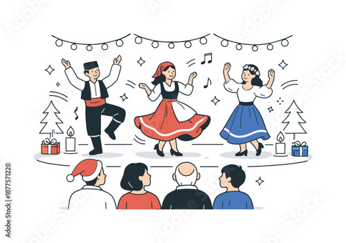 Festive Dance Scene. Holiday cultural dance performance audience. Performers dancing while a small audience watches attentively, gentle stage lights and