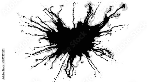 Black ink explosion with radiating splatters and tendrils on a clean white background, creating an abstract and dynamic visual effect.